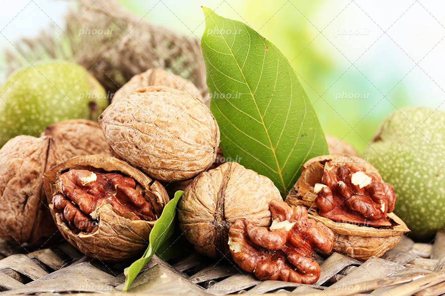 عکس با کیفیت مغز گردو تازه و خوشمزه در کنار گردو های سالم و شکسته شده در طبیعت