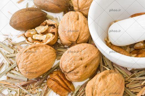 عکس با کیفیت مغز گردو در ظرف سفید در کنار گردو با پوست و چوب های خرد شده