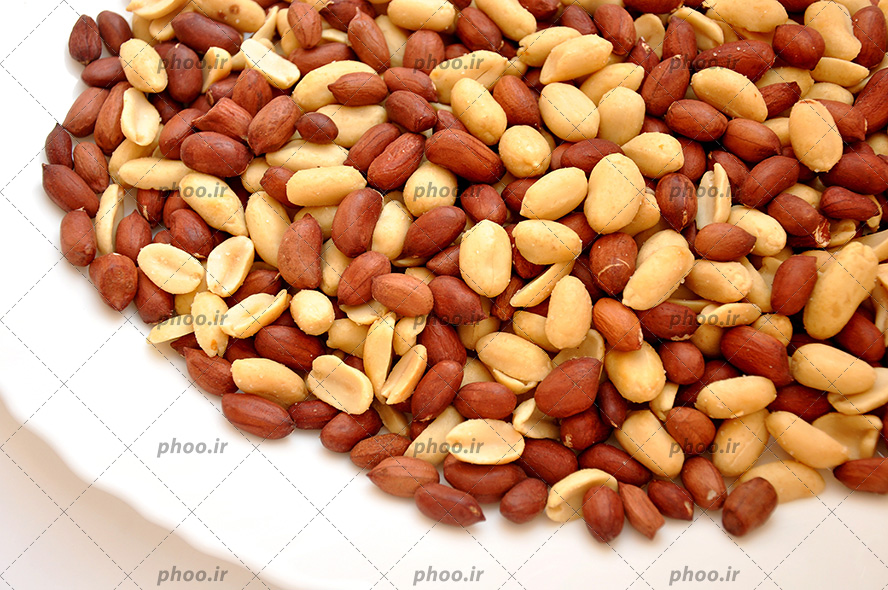 عکس با کیفیت بادام زمینی های پوست کاغذی شور در ظرف سفید چینی
