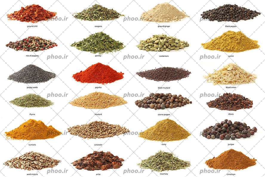 عکس با کیفیت آویشن خشک شده و زعفران و دارچین و زرد چوبه و تخم شربتی و هل و نعناع خشک شده و چند گیاه دارویی دیگر در کنار یکدیگر در پس زمینه سفید