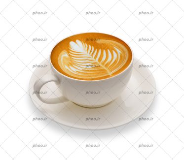 عکس با کیفیت فنجان کاپوچینو با تزئین زیبا در بک گراند سفید