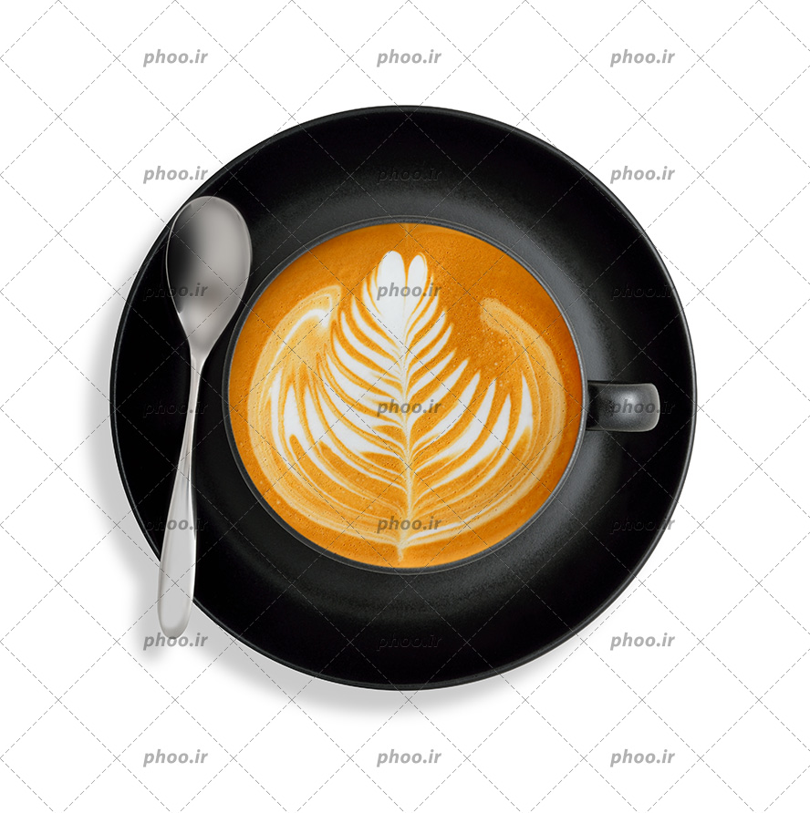 عکس با کیفیت کاپوچینو تزئین به شکل گل در فنجان مشکی و قاشق نقره ای در کنارش