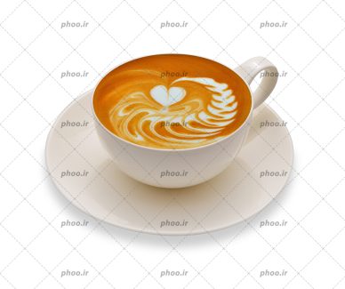 عکس با کیفیت کاپوچینو خوشمزه به شکل خط و قلب در فنجان سفید ساده زیبا