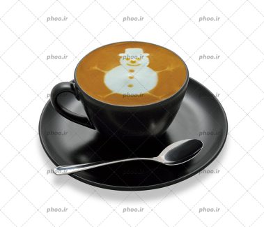 عکس با کیفیت کاپوچینو به شکل آدم برفی در فنجان مشکی زیبا و قاشق نقره ای در کنارش