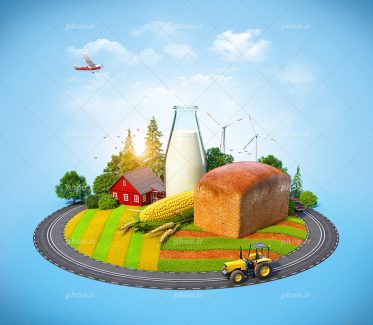 عکس با کیفیت نان و بلال و شیشه شیر و خانه شیروانی به رنگ قرمز قرار گرفته بر روی زمین کشاورزی و تراکتور در حال دور زدن به دور آن و بک گراند آن آسمان آبی و هواپیما در حال پرواز