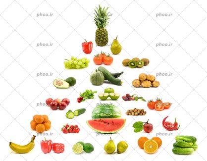 عکس با کیفیت هرم غذایی سبزیجات و میوه های مفید در بک گراند سفید