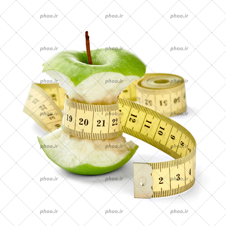 عکس با کیفیت سیب سبز گاز زده شده و متر اندازه گیزی به دور آن