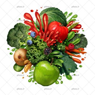عکس با کیفیت سیب و گوجه و کلم بروکلی و کاهو و پیاز در کنار یکدیگر