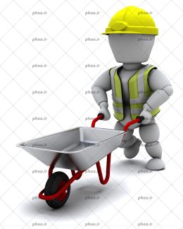 عکس با کیفیت آدمک ایستاده با کلاه ایمنی و جلیقه شبرنگ و فرغون در دست در بک گراند سفید