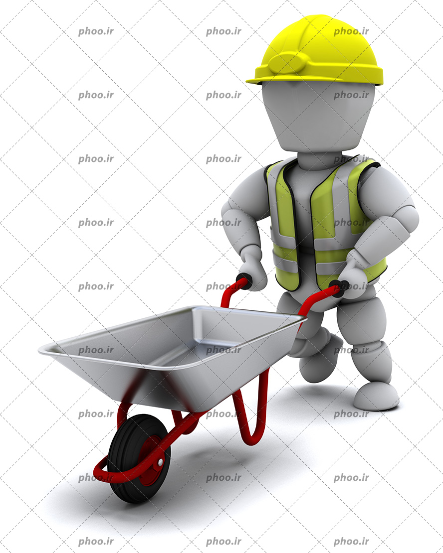 عکس با کیفیت آدمک ایستاده با کلاه ایمنی و جلیقه شبرنگ و فرغون در دست در بک گراند سفید