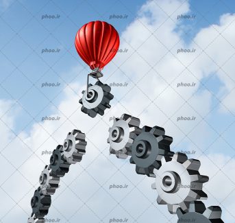 عکس با کیفیت چرخ دنده ها در کنار یکدیگر به شکل پل و یک چرخ دنده وصل به بالن در حال حرکت به سمت آسمان آبی