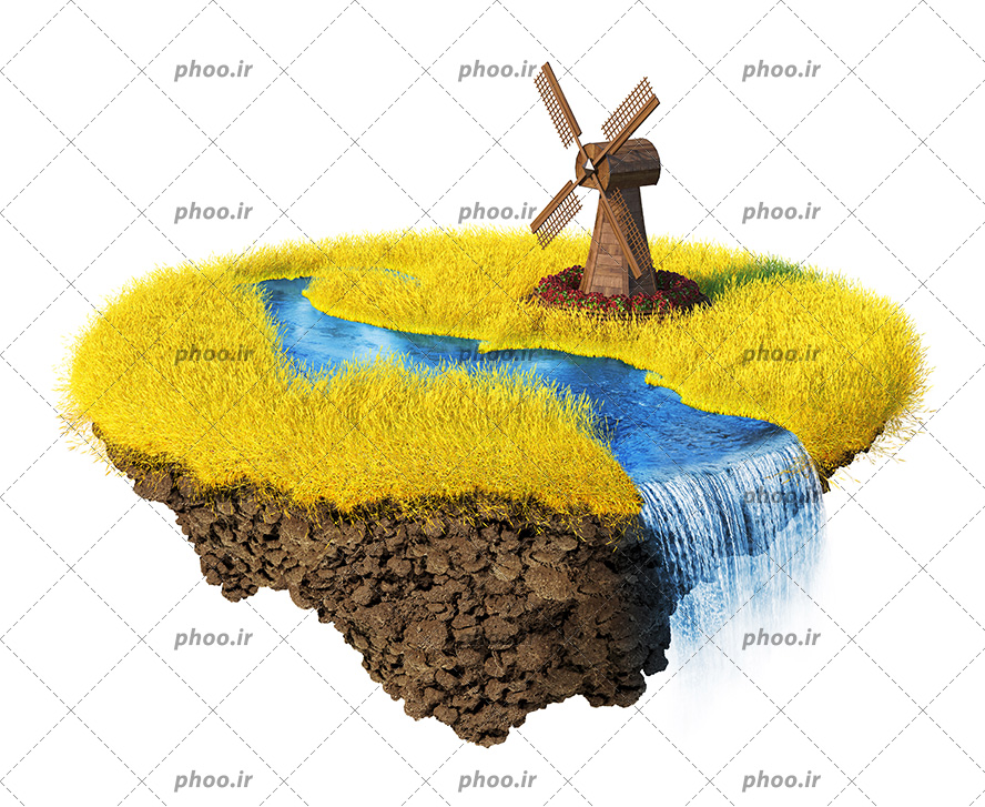 عکس با کیفیت قطعه ای از زمین گندوم و رودخانه جاری در وسط زمین گندوم و آسیاب در کنار رودخانه