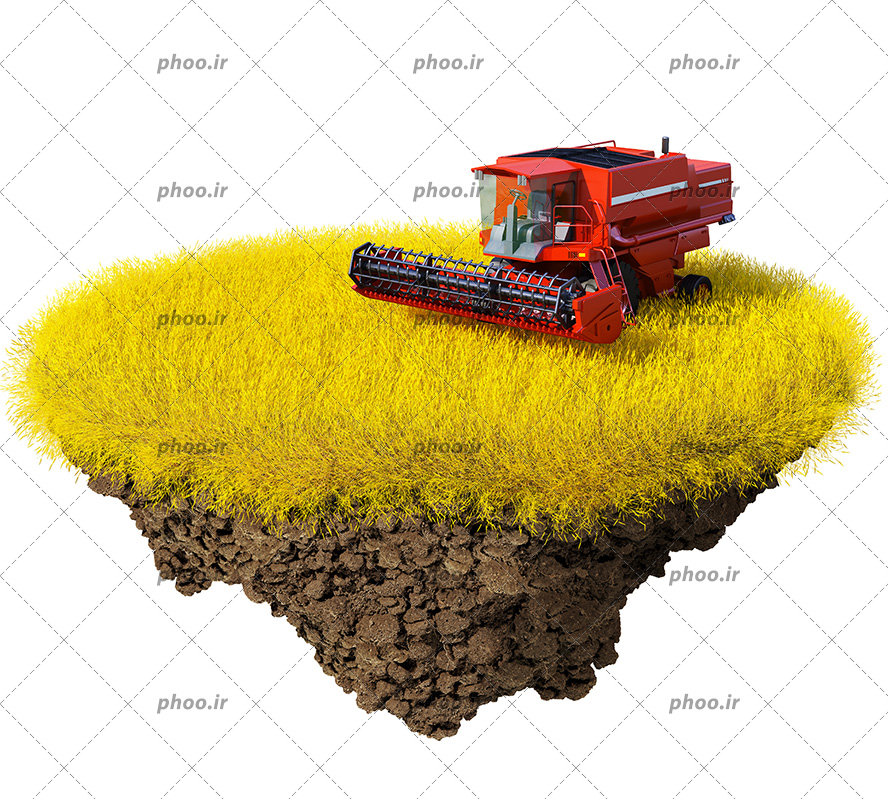 عکس با کیفیت یک قطعه زمین گندوم و ماشین قرمز در حال درو کردن زمین گندوم