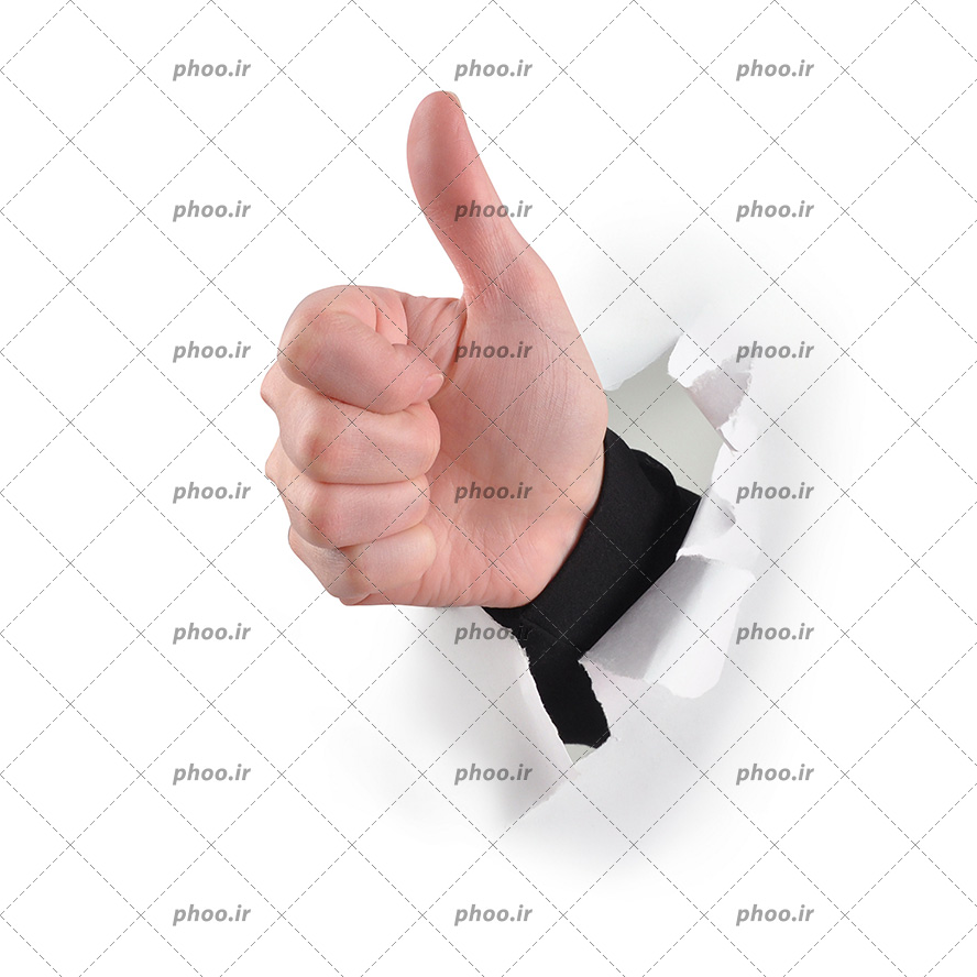 عکس با کیفیت بیرون آمدن دست از دیوار کاغذی و دست مرد در حال نشان دادن علامت لایک