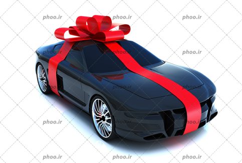 عکس با کیفیت ماشین لوکس به رنگ مشکی و ربان قرمز به دورش به شکل کادو در پس زمینه سفید