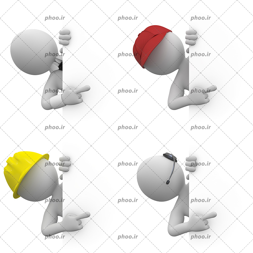 عکس با کیفیت آدمک ها با شغل های مختلف و در حال اشاره به یک صفحه سفید که میتوان مورد استفاده موکاپ قرار بگیرد