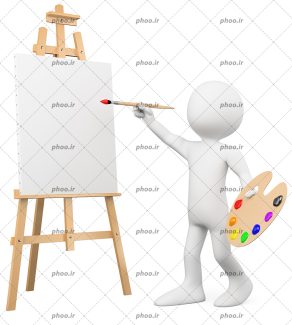 عکس با کیفیت بوم سفید بر روی سه پایه چوبی و پالت و قلمو در دست کاراکتر و پس زمینه به رنگ سفید