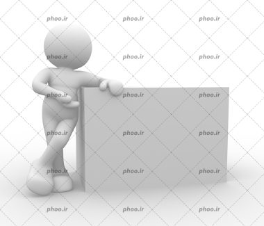 عکس با کیفیت کارت سفید مخصوص موکاپ در کنار کاراکتر آدمک و پس زمینه به رنگ سفید