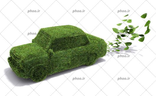عکس با کیفیت ماشین پوشیده شده از چمن مصنوعی و بیرون آمدن برگ های سبز از اگزوز ماشین