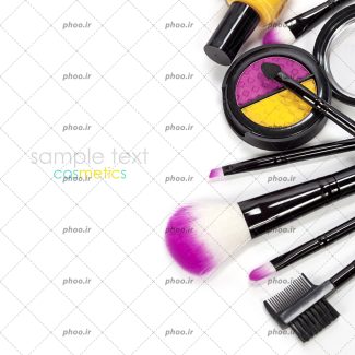 عکس با کیفیت انواع براش زیبا و سایه چشم به رنگ زرد و بنفش و لاک زرد در کنارش