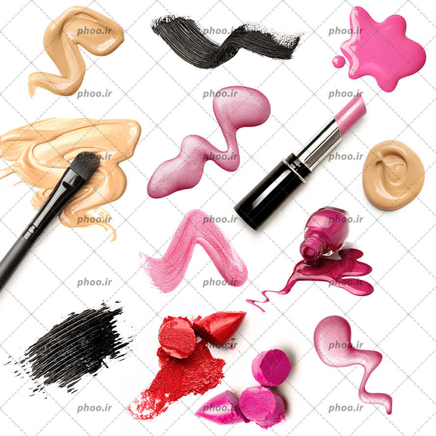 عکس با کیفیت رژ های شکسته شده و کرم سفید کننده و براش و ریمل و لاک ریخته شده بر روی زمین در پس زمینه سفید