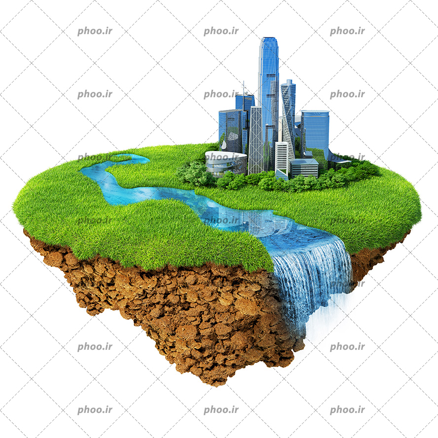 عکس با کیفیت ساختمان های مرتفع و زیبا بر روی قطعه ای از زمین سرسبز و رودخانه جاری شده در کنار ساختمان ها