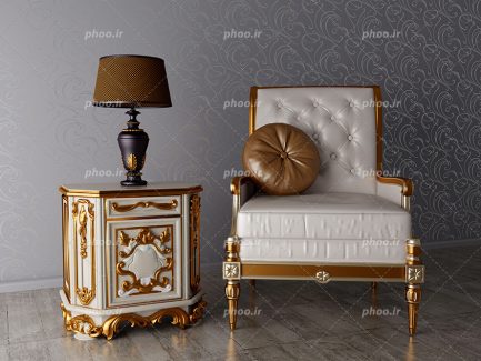 عکس با کیفیت مبل کلاسیک به رنگ سفید با پایه های طلایی و کوسن گرد زیبا به رنگ قهوه ای و میز زیبا به زنگ سفید طلایی در کنار مبل و آباژور به رنگ مشکی و قهوه ای بر روی میز