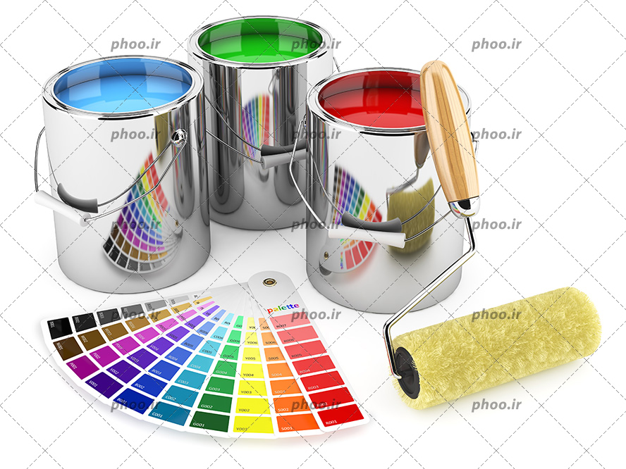 عکس با کیفیت غلتک بزرگ در کنار سه سطل فلزی رنگ و جدول رنگ ها در کنارش