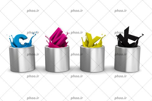 عکس با کیفیت حروف الفبای انگلیسی به شکل رنگ داخل سطل های فلزی رنگ