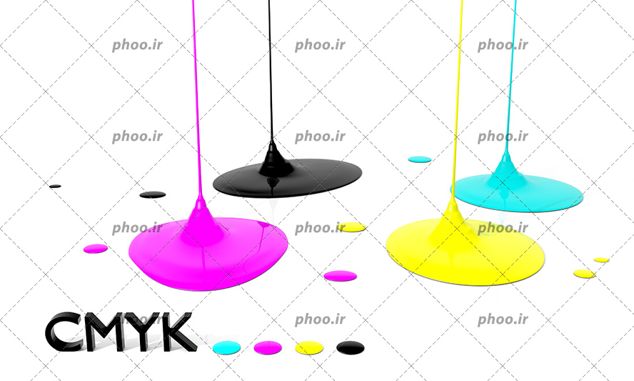 عکس با کیفیت رنگ های ریخته شده بر روی زمین و کلمه CMYK به شکل سه بعدی به رنگ مشکی