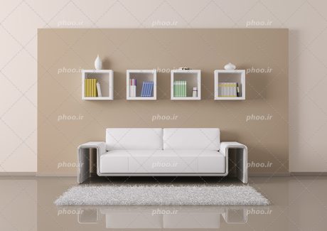 عکس با کیفیت مبل سفید با طراحی شیک و چهار باکس مناسب کتاب ها نصب شده بر روی دیوار و کاغذ دیواری به رنگ نسکافه ای و کرمی