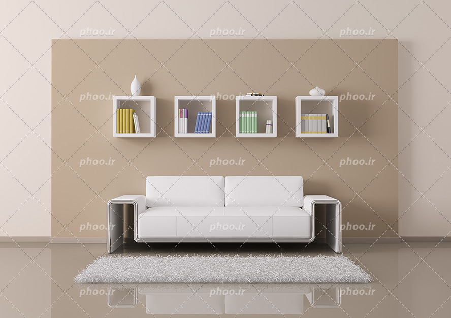 عکس با کیفیت مبل سفید با طراحی شیک و چهار باکس مناسب کتاب ها نصب شده بر روی دیوار و کاغذ دیواری به رنگ نسکافه ای و کرمی