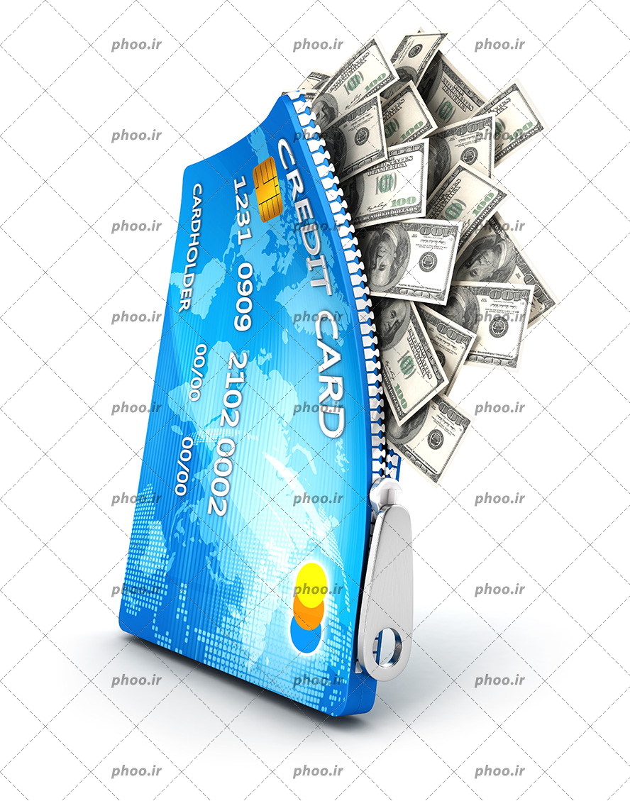عکس با کیفیت کارت بانکی به شکل کیف پول و خارج شدن دلار ها از داخل کیف پول