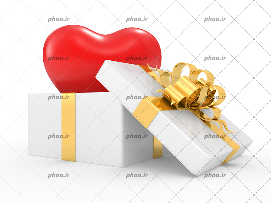 عکس با کیفیت قلب بزرگ به رنگ قرمز داخل جعبه سفید با ربان های طلایی