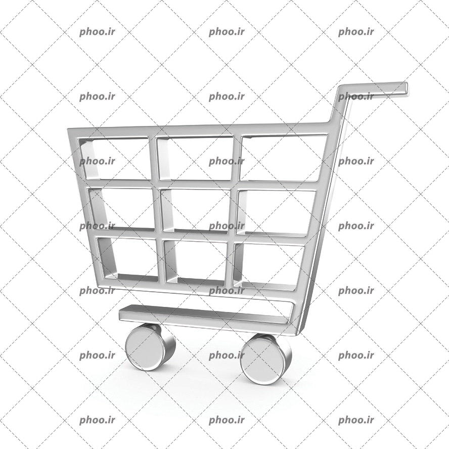 عکس با کیفیت سبد چرخدار خرید به رنگ نقره ای در پس زمینه سفید