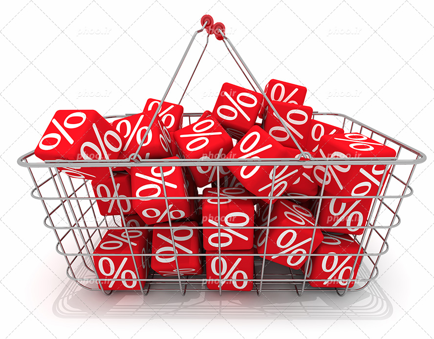 عکس با کفیت مکعب های کوچک به رنگ قرمز با علامت درصد داخل سبد فلزی دستی