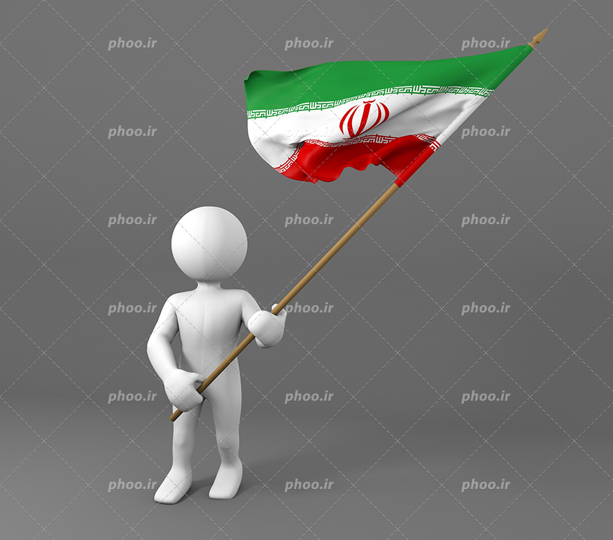 عکس با کیفیت پرچم ایران به همراه چوب در دست آدمک و در حال تکان دادن آن در هوا