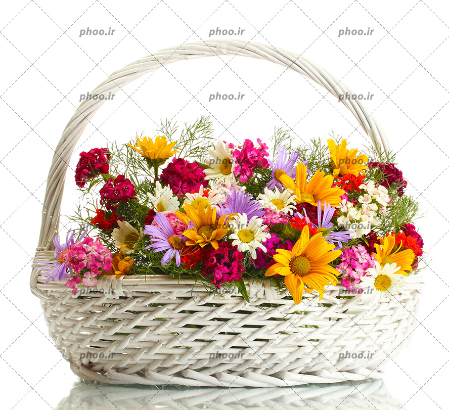 عکس با کیفیت سبد حصیری سفید و گل های زیبا داخل سبد