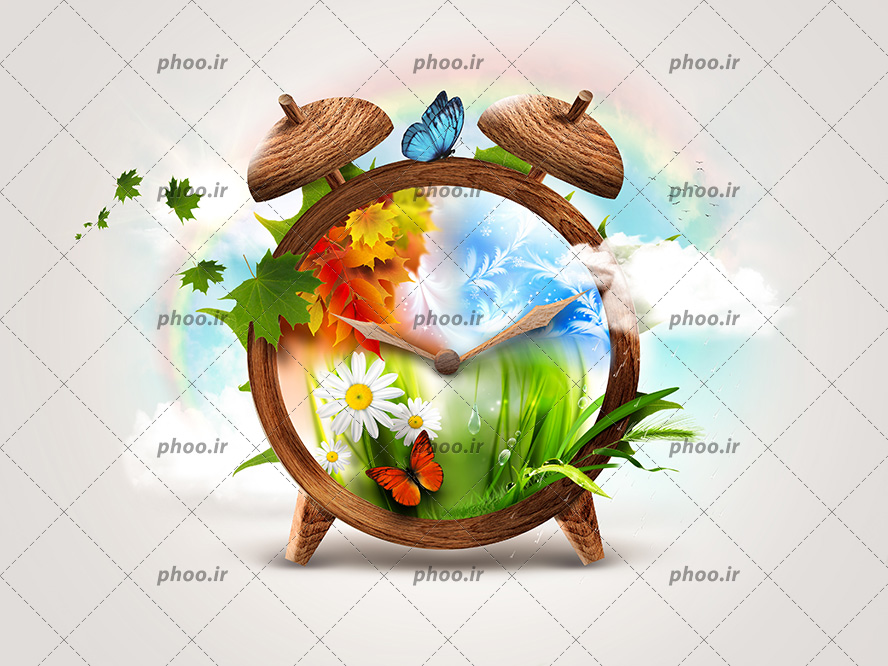 عکس با کیفیت ساعت زنگدار چوبی با صفحه ی ساعت با طرح گل و پروانه و فضای سرسبز و خارج شدن پروانه و برگ و رنگین کمان و ابر در پس زمینه