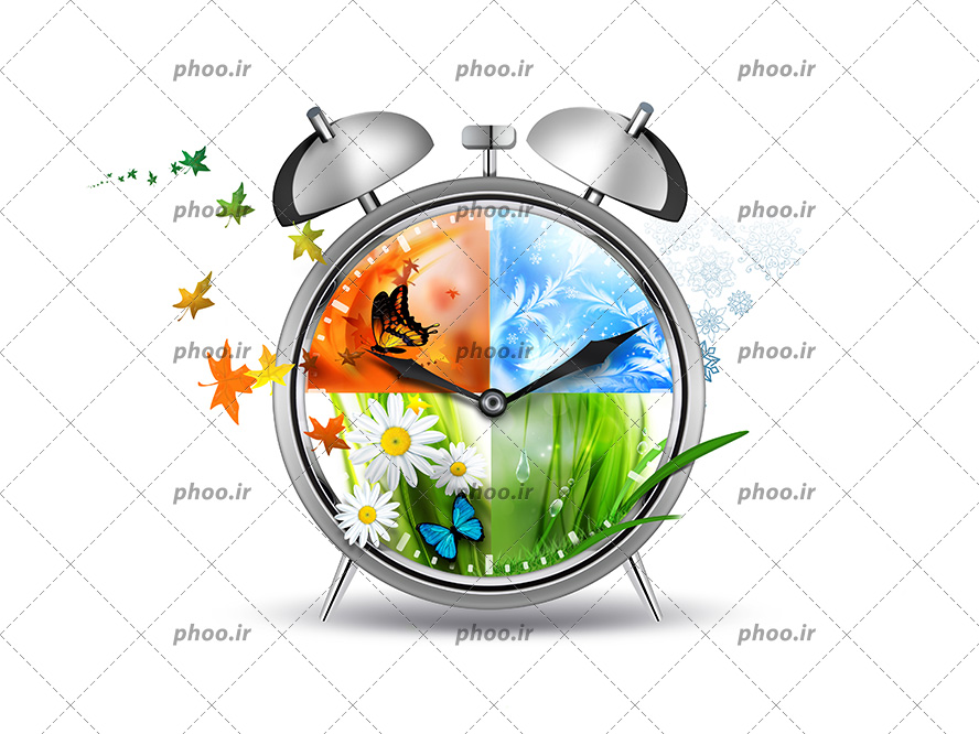 عکس با کیفیت ساعت زنگدار نقره ای و چهار تصویر زیبا متفاوت در صفحه ساعت و پس زمینه به رنگ سفید