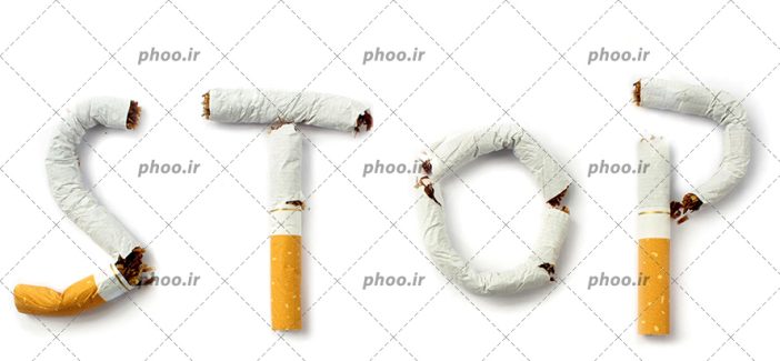 عکس با کیفیت نوشتن کلمه ی (stop) به معنی توقف با کمک سیگار ها در کنار یکدیگر در پس زمینه سفید