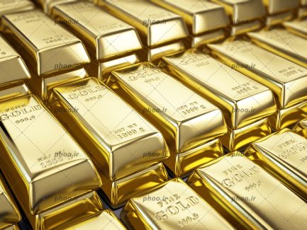 عکس با کیفیت شمش براق به رنگ طلایی چیده شده بر روی یکدیگر
