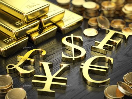 عکس با کیفیت حروف طلایی رنگ در کنار شمش ها و سکه های طلا