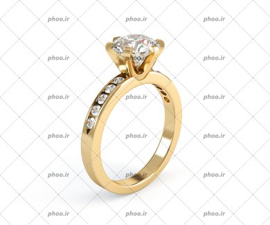 عکس با کیفیت حلقه طلایی تک نگین با تزئین چند نگین و پس زمینه به رنگ سفید