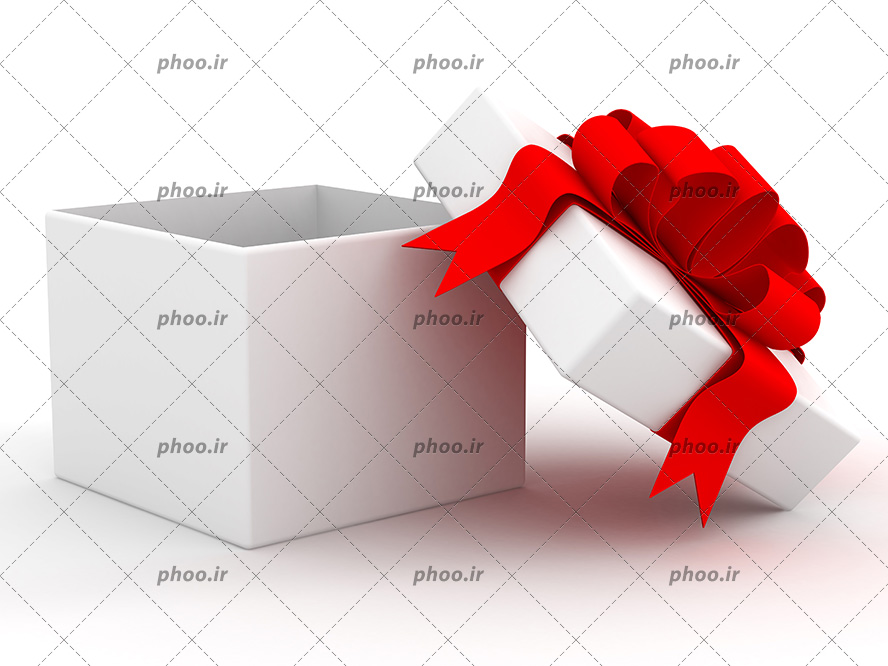 عکس با کیفیت جعبه کادو به شکل مربع و به رنگ سفید همراه با ربان قرمز