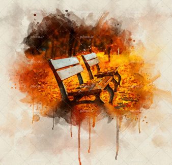 عکس با کیفیت نقاشی آبرنگی دو نیمکت چوبی در برگ های پاییزی به رنگ نارنجی