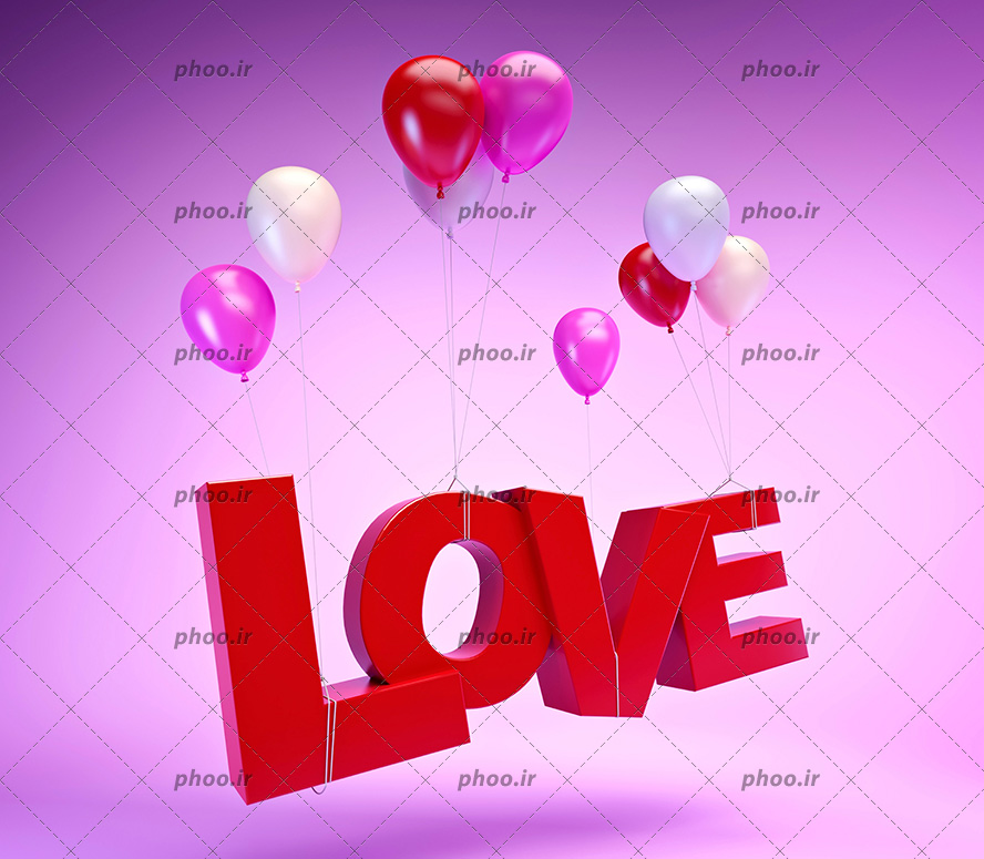 عکس با کیفیت کلمه ی (love) به معنی عشق به رنگ قرمز و وصل شده به بادکنک های رنگارنگ در حال پرواز
