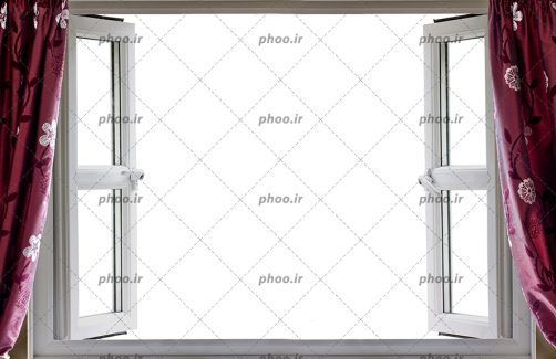 عکس با کیفیت پنجره ی باز دوجداره با پرده های زیبا به رنگ زرشکی گلدار