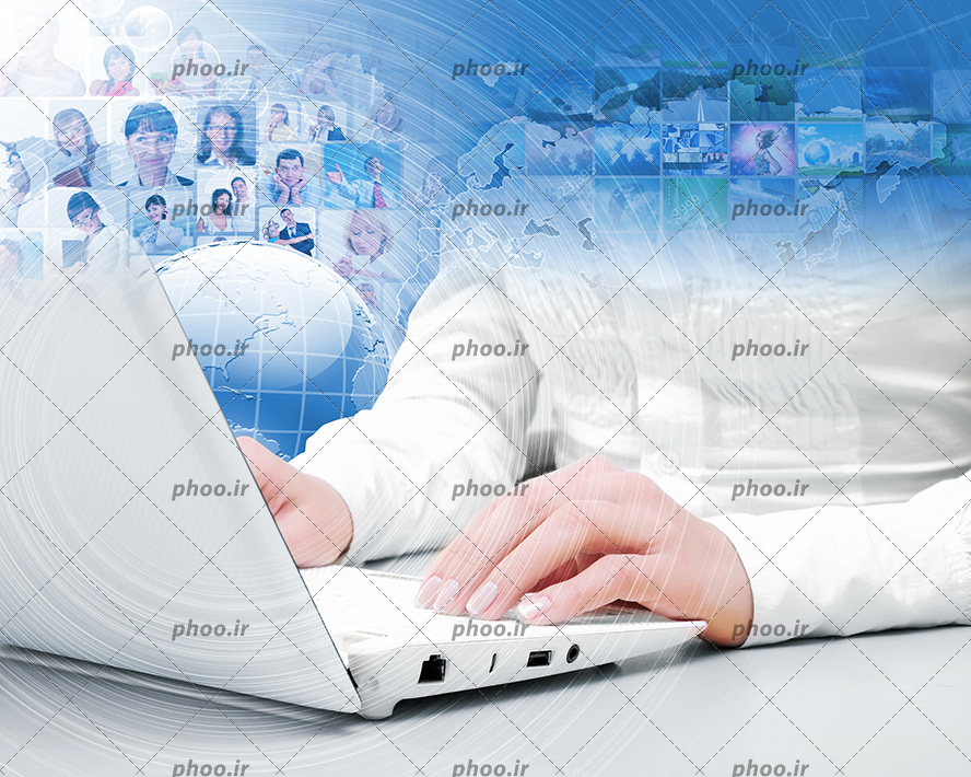 عکس با کیفیت تصاویر چهره های مختلف در کنار مانیتور لپ تاپ و کره زمین در کنارش و زن در حال کار کردن با سیستم