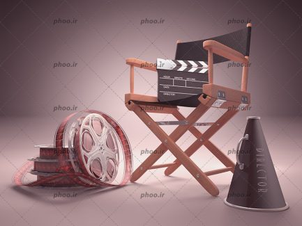 عکس با کیفیت رول فیلم همراه با نگاتیو ها در کنار صندلی کارگردان و بلندگوی کارگردان و کلاکت بر روی صندلی
